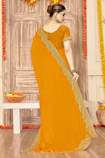 Musturd color zari embroidery work zarkhan work fendy silk blend saree with blouse
