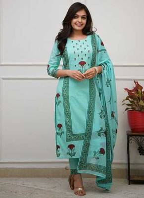 Aqua Blue Floral Printed Cotton Kurta Pant Set with Dupatta 1