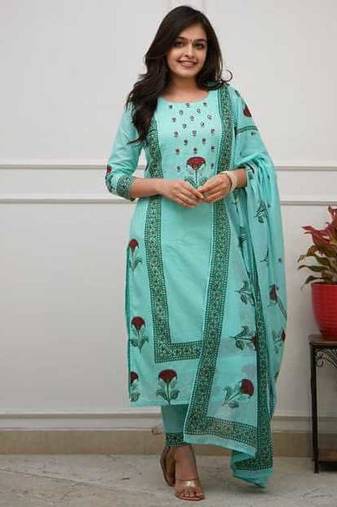 Aqua Blue Floral Printed Cotton Kurta Pant Set with Dupatta