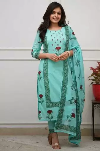 Aqua Blue Floral Printed Cotton Kurta Pant Set with Dupatta