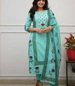 Aqua Blue Floral Printed Cotton Kurta Pant Set with Dupatta