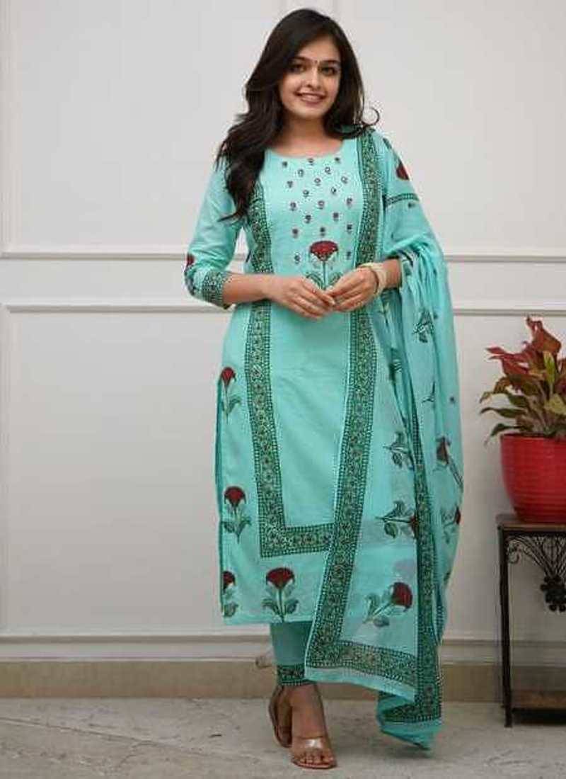 Aqua Blue Floral Printed Cotton Kurta Pant Set with Dupatta