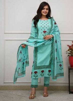 Aqua Blue Floral Printed Cotton Kurta Pant Set with Dupatta 2
