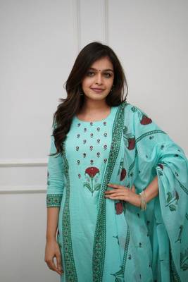 Aqua Blue Floral Printed Cotton Kurta Pant Set with Dupatta 3