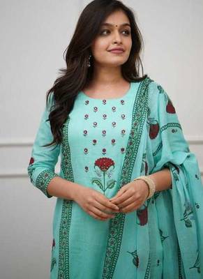 Aqua Blue Floral Printed Cotton Kurta Pant Set with Dupatta 4