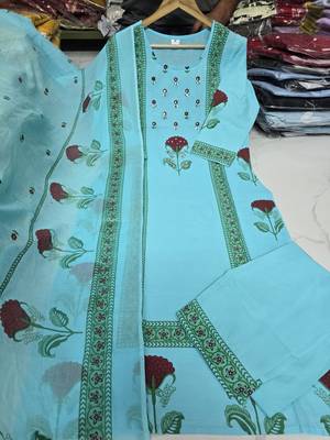 Aqua Blue Floral Printed Cotton Kurta Pant Set with Dupatta 5