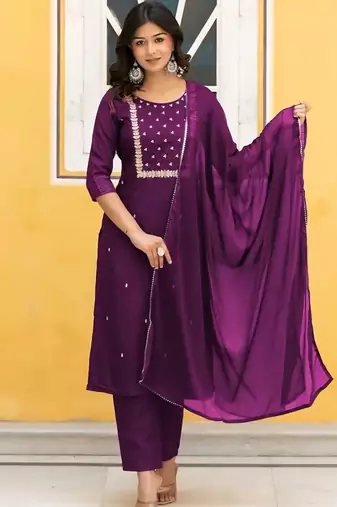 Wine lady stylish designer rayon spun slub fabric embroidery work kurta set with nazmin fabric dupatta