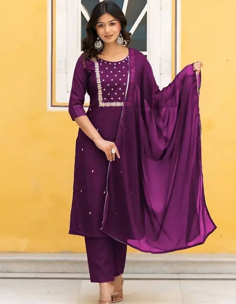 Wine lady stylish designer rayon spun slub fabric embroidery work kurta set with nazmin fabric dupatta