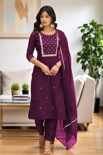 Rayon embroidery work kurta set with nazmin fabric dupatta