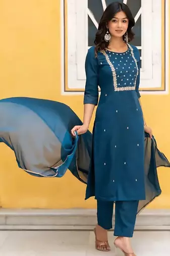 Rayon embroidery work kurta set with nazmin fabric dupatta
