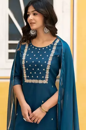 Rayon embroidery work kurta set with nazmin fabric dupatta