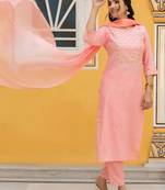 Rayon spun slub fabric embroidery work kurta set with nazmin fabric dupatta