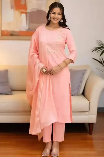 Rayon spun slub fabric embroidery work kurta set with nazmin fabric dupatta