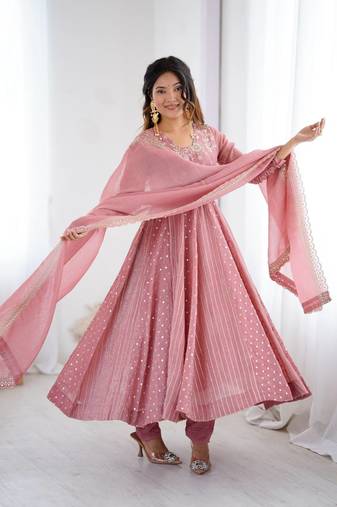 Chinnon Silk Embroidery Sequence Work Top-Plazo and Dupatta Set
