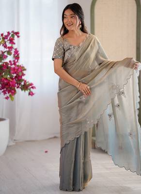 Designer grey heavy fendy satin with beads embroidered work saree with unstitched blouse 1