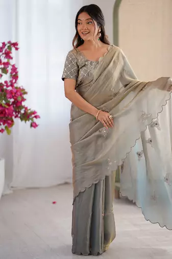 Designer grey heavy fendy satin with beads embroidered work saree with unstitched blouse