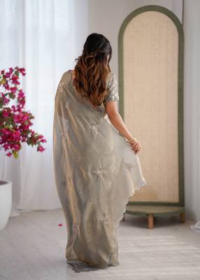 Designer grey heavy fendy satin with beads embroidered work saree with unstitched blouse 2