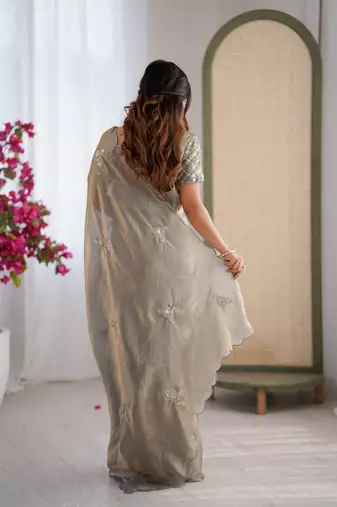Designer grey heavy fendy satin with beads embroidered work saree with unstitched blouse