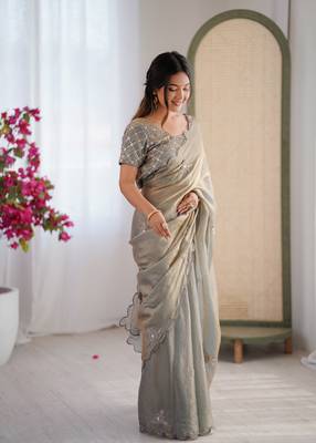Designer grey heavy fendy satin with beads embroidered work saree with unstitched blouse 3