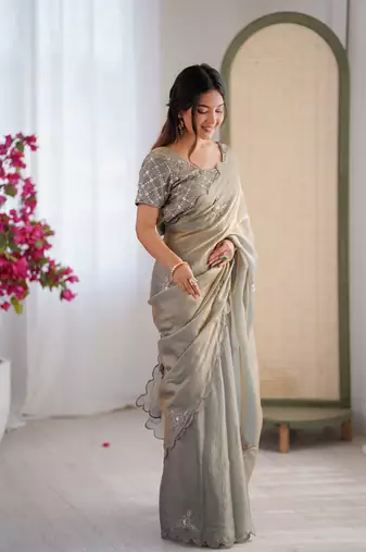Designer grey heavy fendy satin with beads embroidered work saree with unstitched blouse