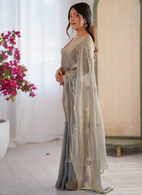Designer grey heavy fendy satin with beads embroidered work saree with unstitched blouse 4