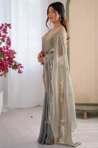Designer grey heavy fendy satin with beads embroidered work saree with unstitched blouse