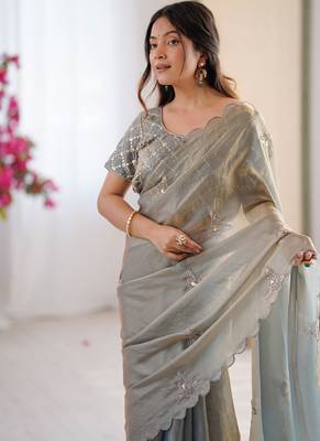 Designer grey heavy fendy satin with beads embroidered work saree with unstitched blouse 5