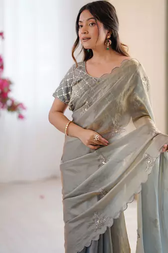 Designer grey heavy fendy satin with beads embroidered work saree with unstitched blouse