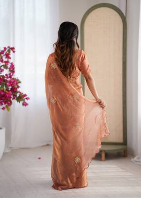 Designer orange heavy fendy satin with beads embroidered work saree with unstitched blouse 2