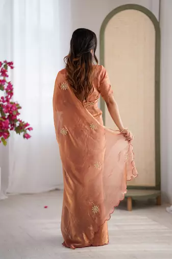 Designer orange heavy fendy satin with beads embroidered work saree with unstitched blouse