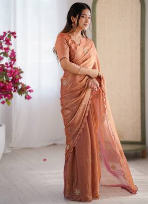 Designer orange heavy fendy satin with beads embroidered work saree with unstitched blouse 3