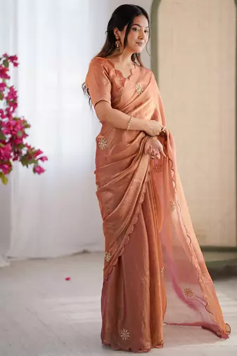 Designer orange heavy fendy satin with beads embroidered work saree with unstitched blouse