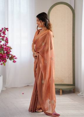Designer orange heavy fendy satin with beads embroidered work saree with unstitched blouse 4