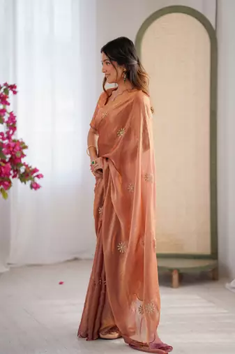 Designer orange heavy fendy satin with beads embroidered work saree with unstitched blouse