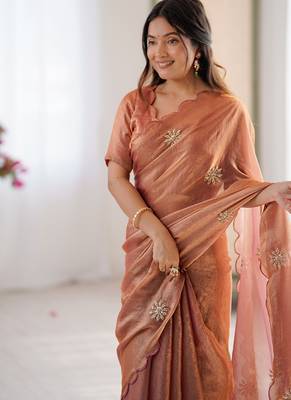 Designer orange heavy fendy satin with beads embroidered work saree with unstitched blouse 5