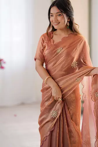 Designer orange heavy fendy satin with beads embroidered work saree with unstitched blouse