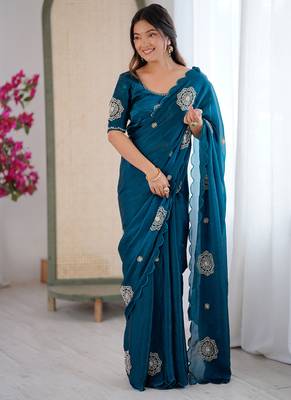 Designer teal heavy fendy satin with beads embroidered work saree with unstitched blouse 1