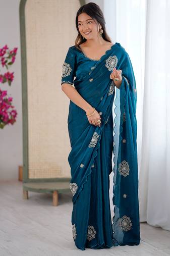 Designer teal heavy fendy satin with beads embroidered work saree with unstitched blouse