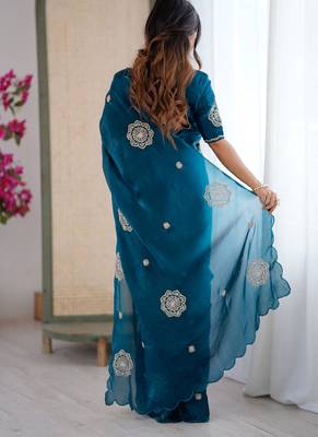 Designer teal heavy fendy satin with beads embroidered work saree with unstitched blouse 2