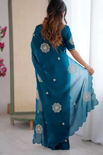 Designer teal heavy fendy satin with beads embroidered work saree with unstitched blouse