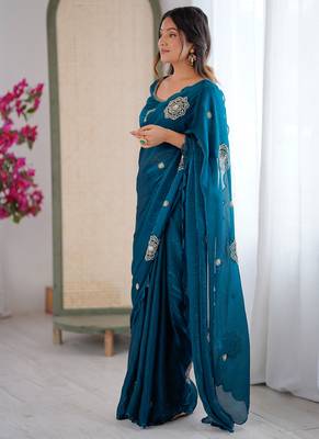 Designer teal heavy fendy satin with beads embroidered work saree with unstitched blouse 3