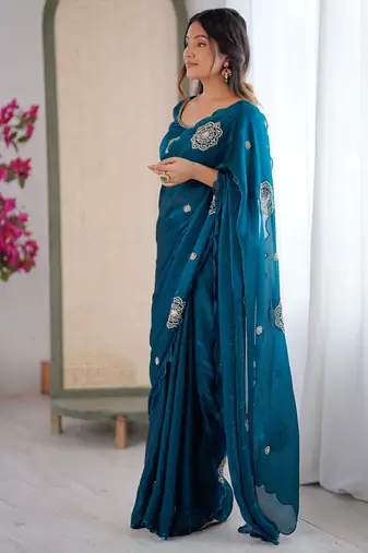 Designer teal heavy fendy satin with beads embroidered work saree with unstitched blouse
