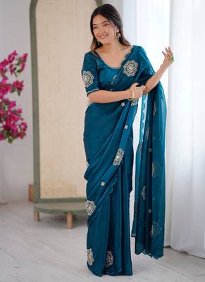 Designer teal heavy fendy satin with beads embroidered work saree with unstitched blouse 4