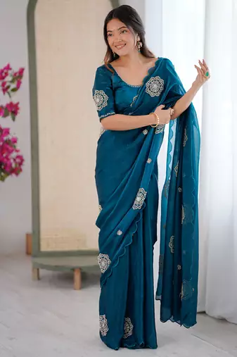 Designer teal heavy fendy satin with beads embroidered work saree with unstitched blouse