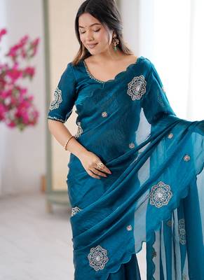 Designer teal heavy fendy satin with beads embroidered work saree with unstitched blouse 5