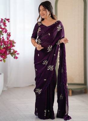 Designer wine heavy fendy satin with beads embroidered work saree with unstitched blouse 1