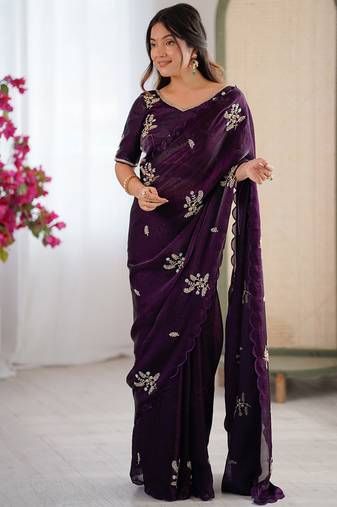 Designer wine heavy fendy satin with beads embroidered work saree with unstitched blouse