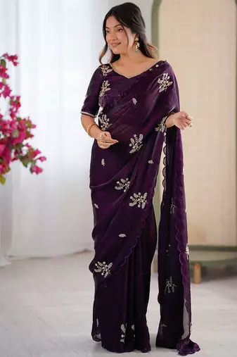Designer wine heavy fendy satin with beads embroidered work saree with unstitched blouse