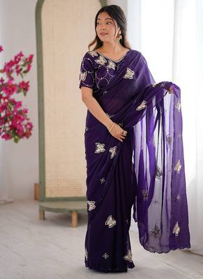 Purple mos silk with handwork butterfly design saree with unstitched blouse 1