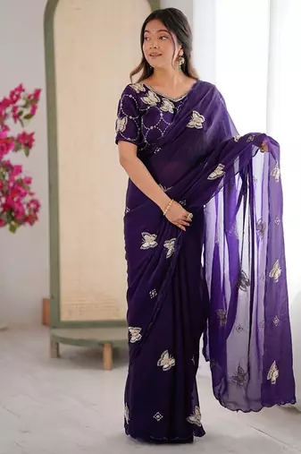 Purple mos silk with handwork butterfly design saree with unstitched blouse